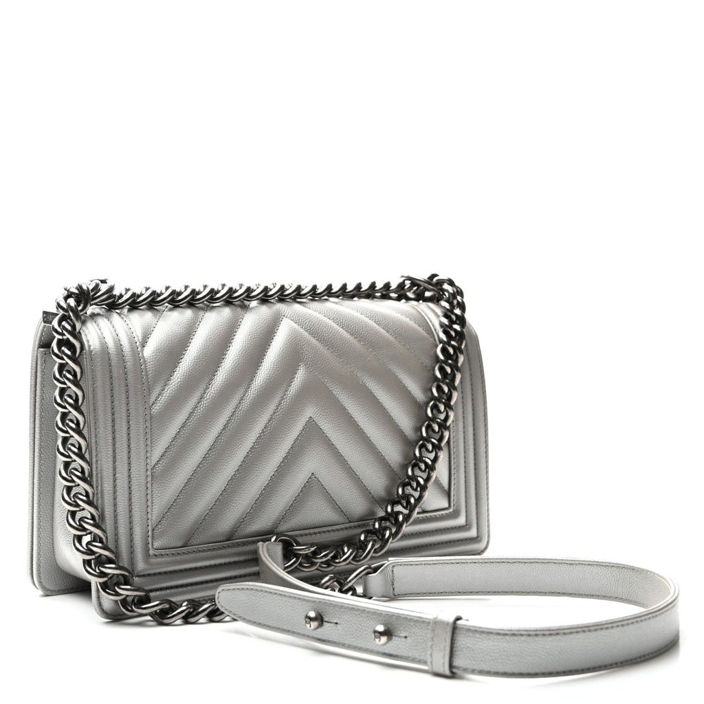 Metallic Caviar Chevron Quilted Medium Boy Flap Silver