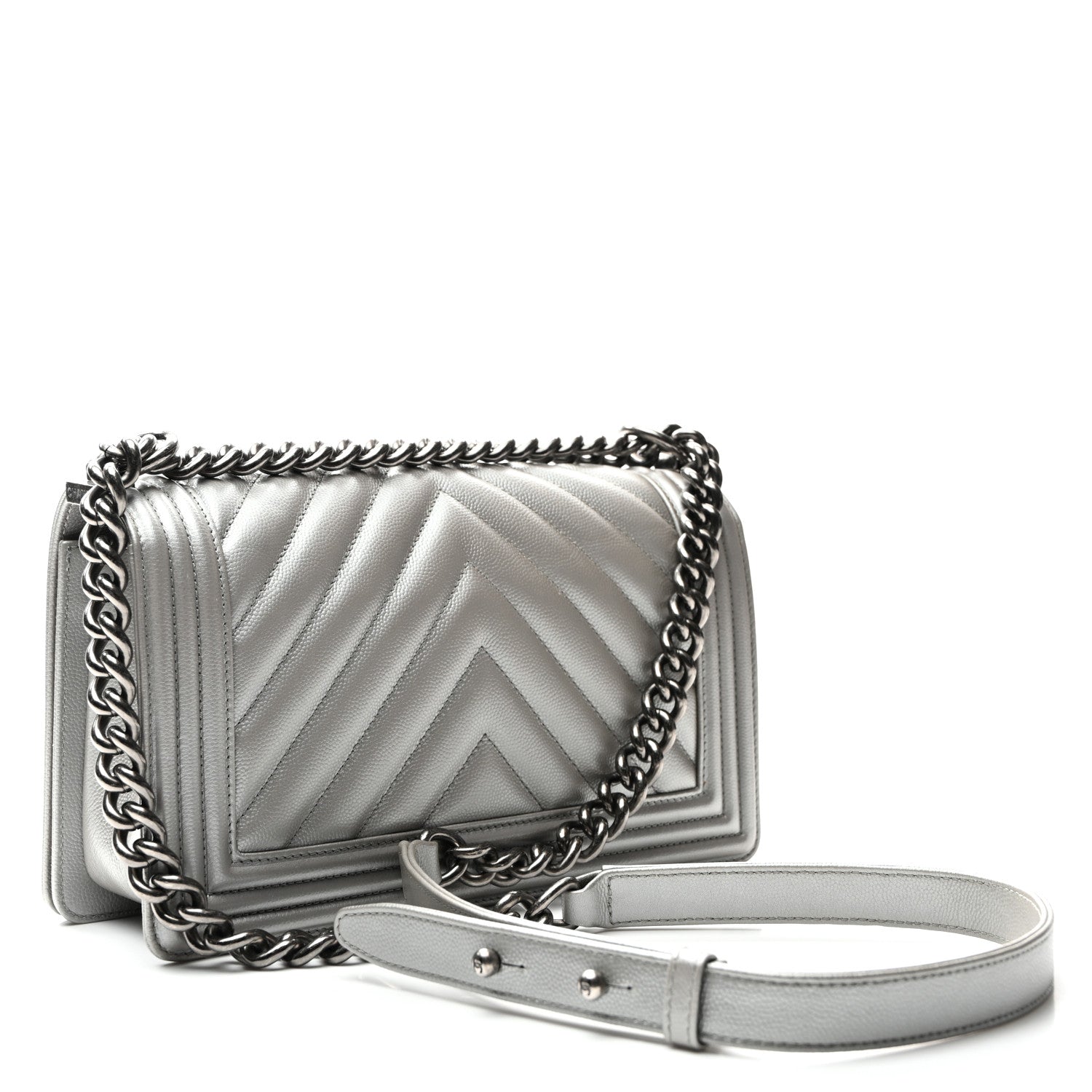 Metallic Caviar Chevron Quilted Medium Boy Flap Silver