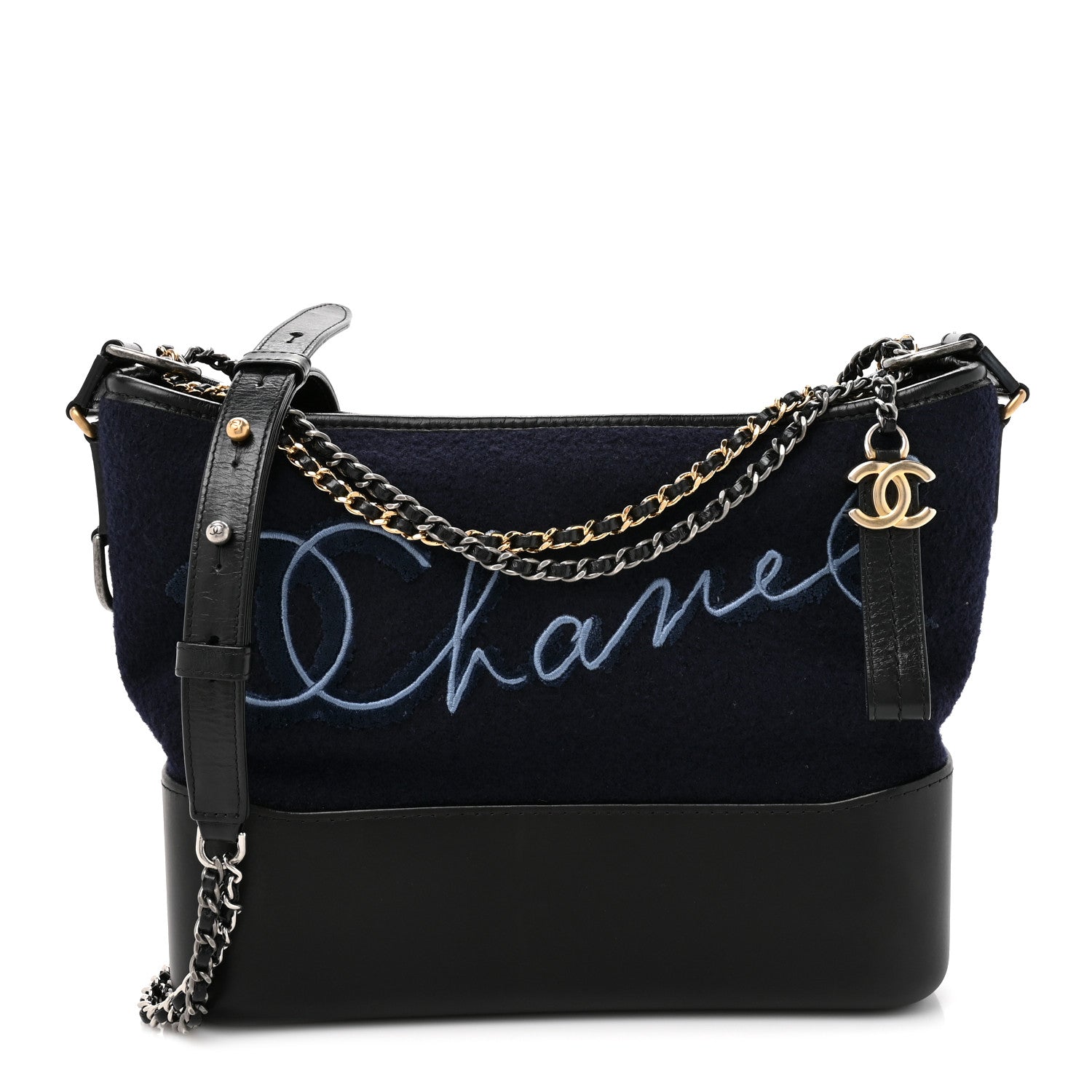 Calfskin Wool Embroidered Paris Hamburg Medium Gabrielle Hobo Dark Navy Blue