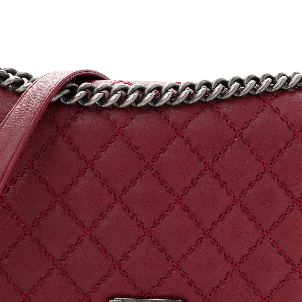 Calfskin Quilted Double Stitch New Medium Boy Flap Burgundy