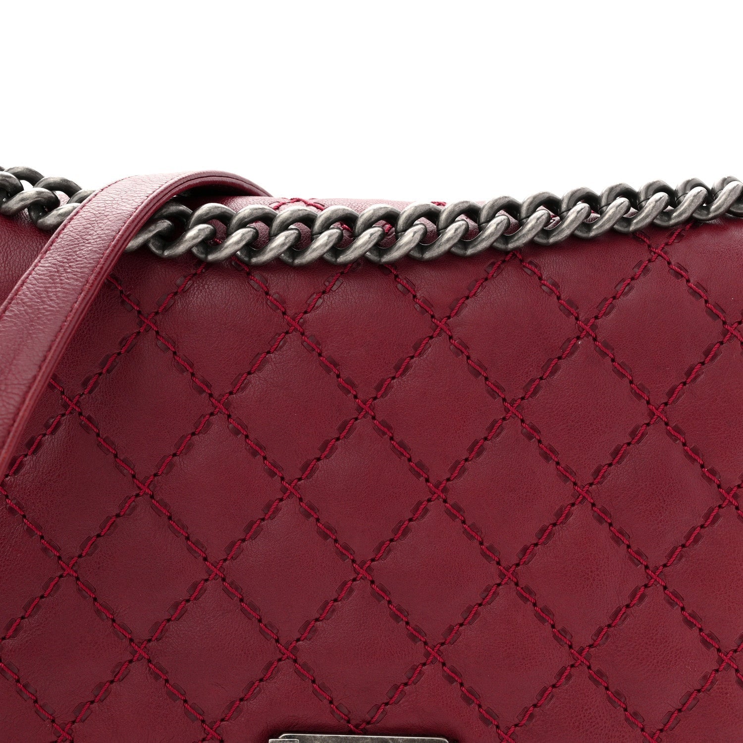 Calfskin Quilted Double Stitch New Medium Boy Flap Burgundy