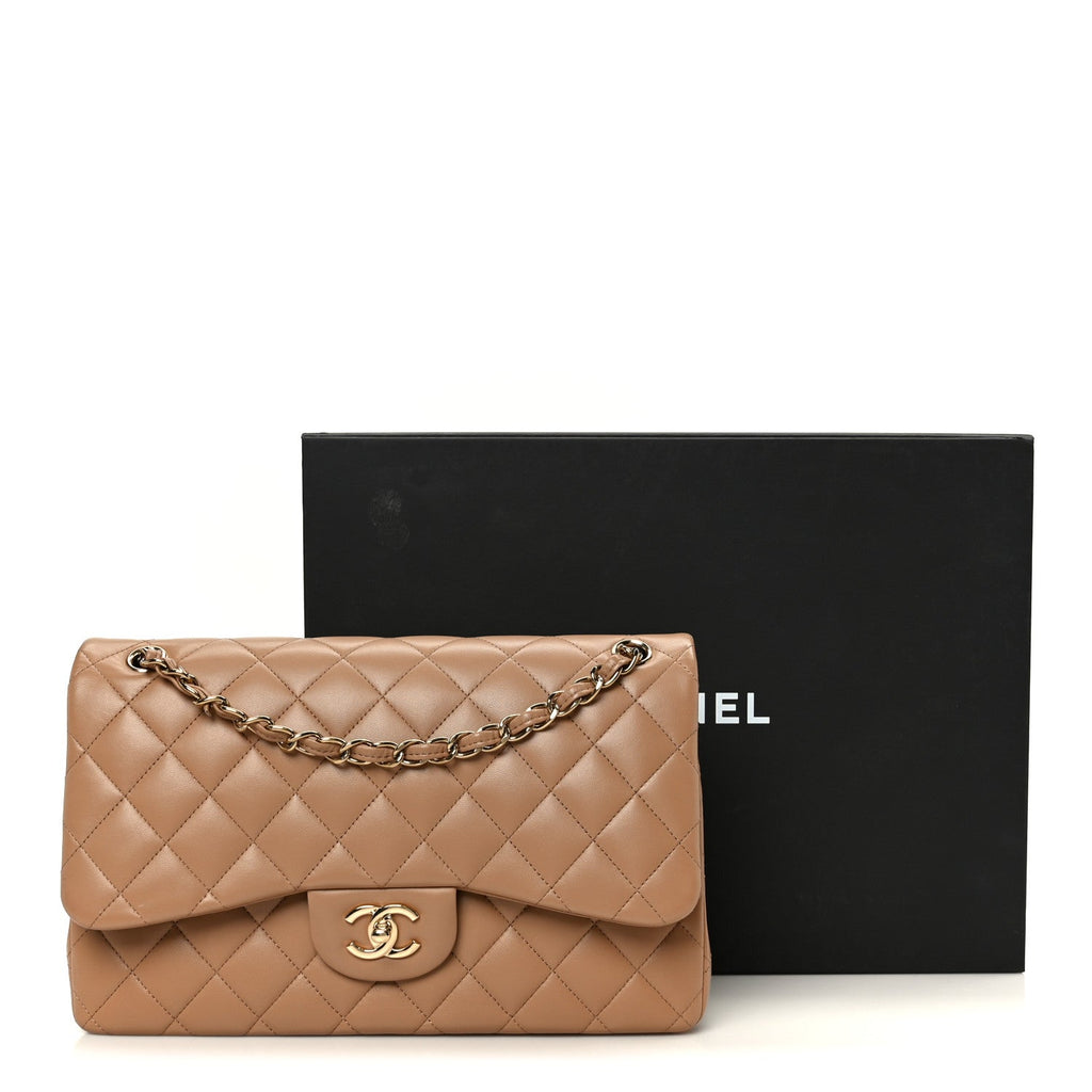 Lambskin Quilted Jumbo Double Flap Dark Beige