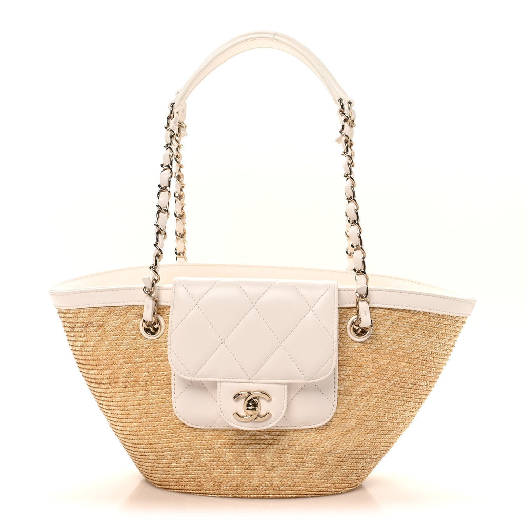 Raffia Braided Lambskin Small Shopping Tote Beige White