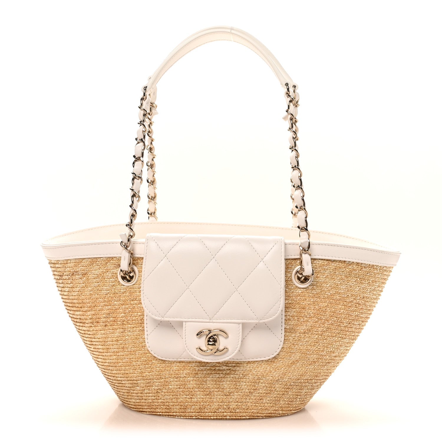 Raffia Braided Lambskin Small Shopping Tote Beige White