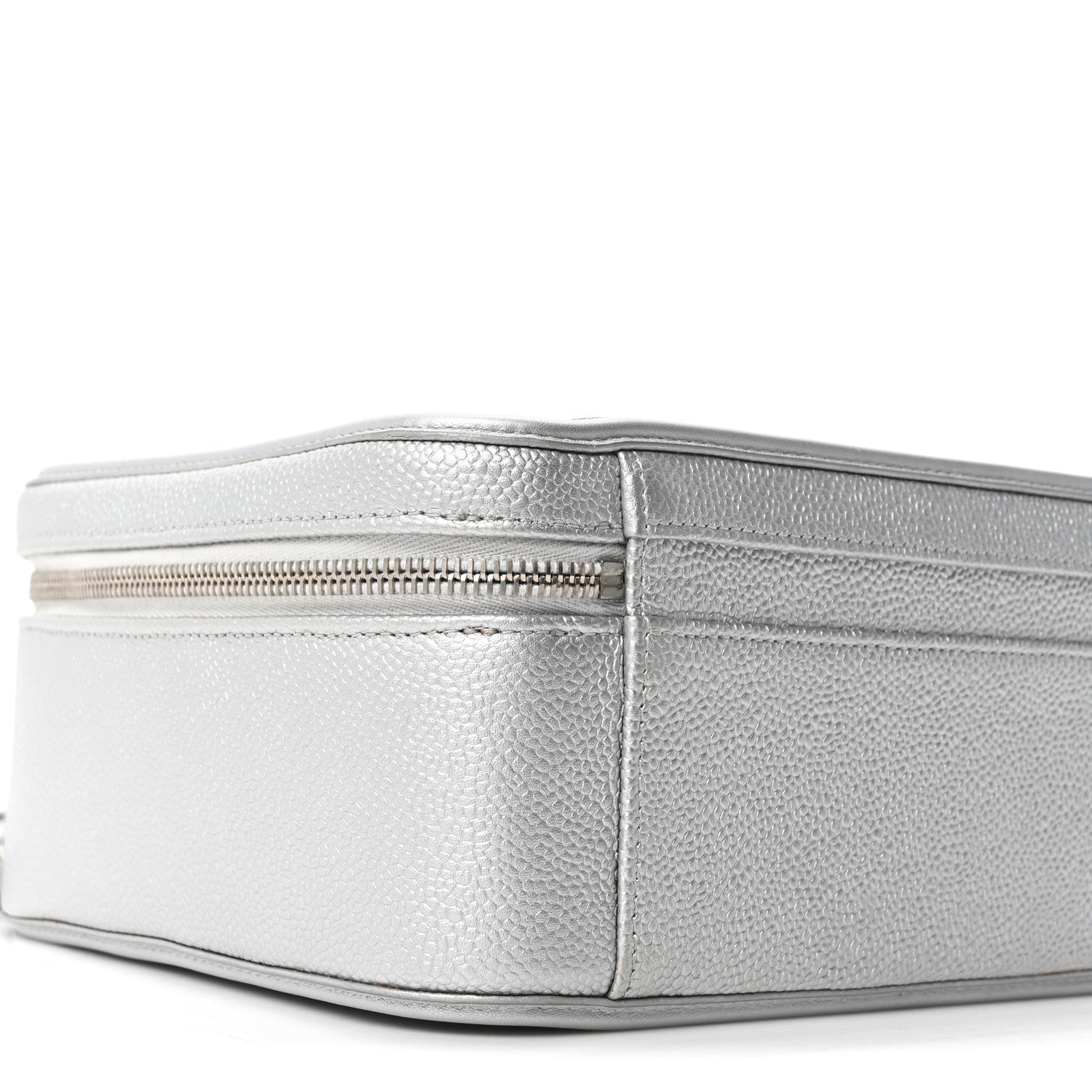 Metallic Caviar Quilted Large CC Filigree Vanity Case Silver