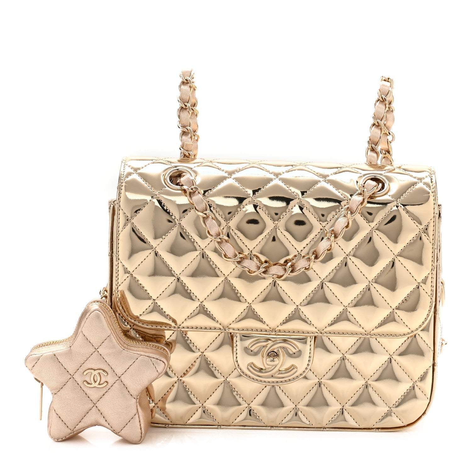 Mirror Calfskin Metallic Calfskin Quilted Hollywood Boulevard Backpack With Coin Purse Gold