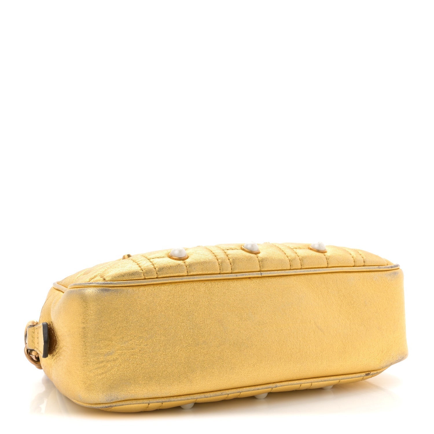 Metallic Calfskin Matelasse Studded Small Pearly GG Marmont Chain Shoulder Bag Gold