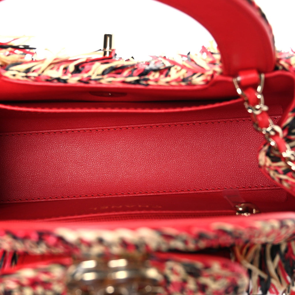 Raffia Fringe Nano Kelly Shopper Red Beige Black