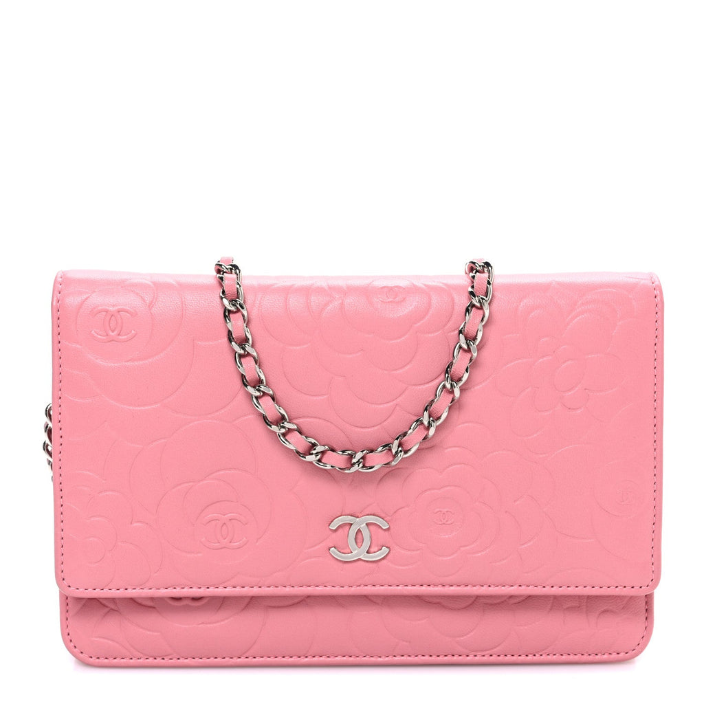 Lambskin Camellia Embossed Wallet on Chain WOC Pink