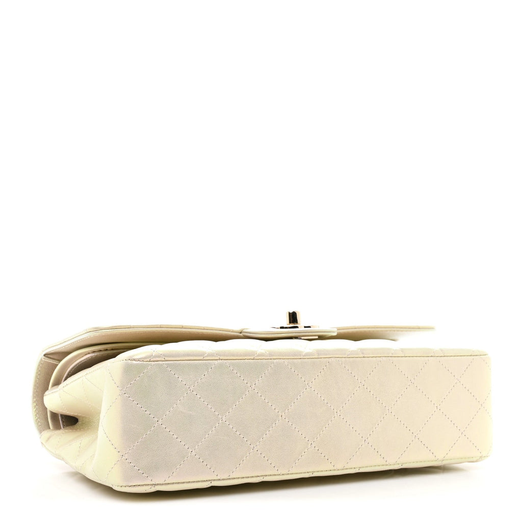 Iridescent Lambskin Quilted Medium Double Flap Ivory