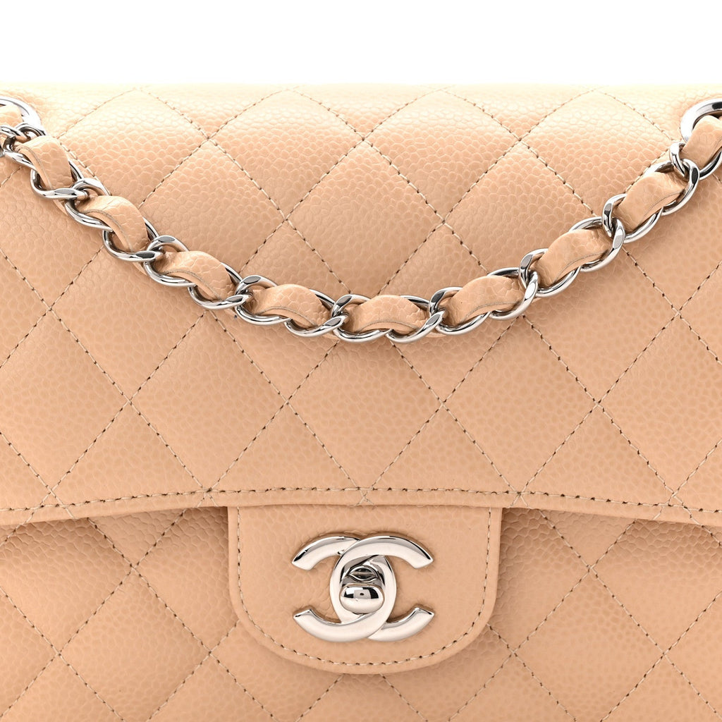 Caviar Quilted Small Double Flap Beige