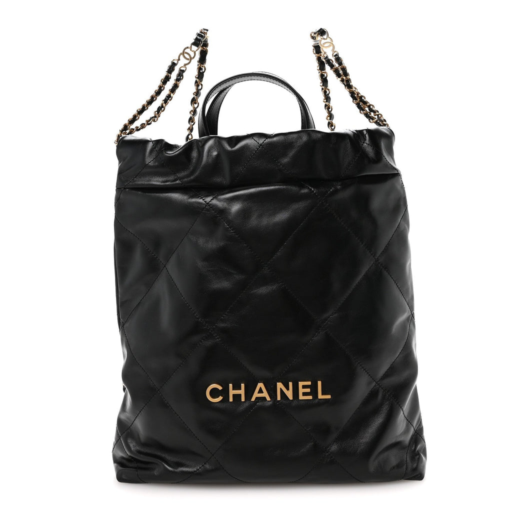 Shiny Calfskin Quilted Chanel 22 Backpack Black