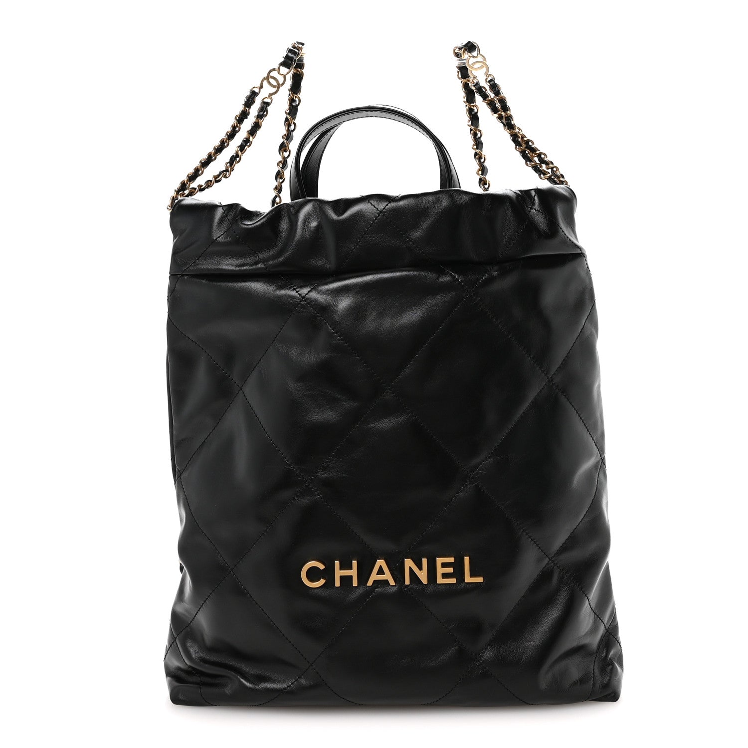 Shiny Calfskin Quilted Chanel 22 Backpack Black