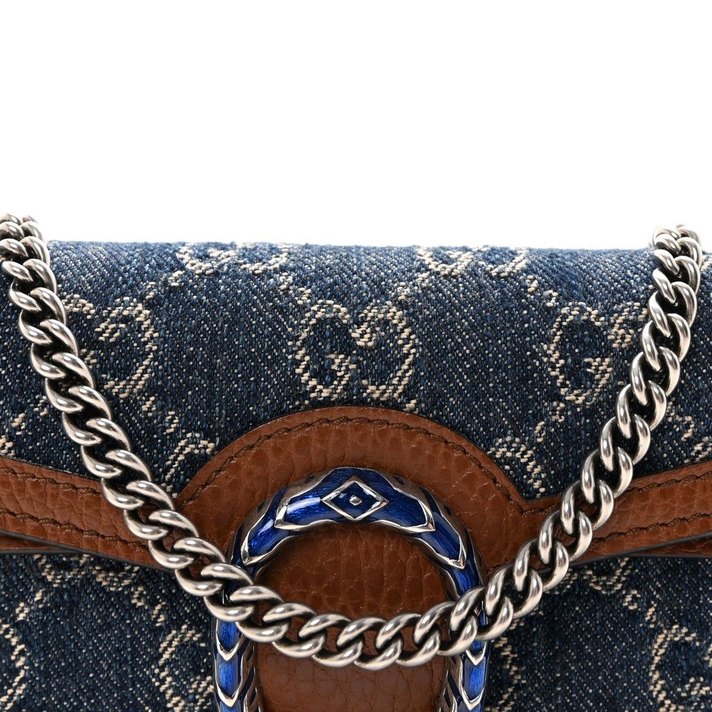 New Denim GG Monogram Dollar Calfskin Enamel Super Mini Dionysus Shoulder Bag Blue Tea Cuir Epilog Electric Blue