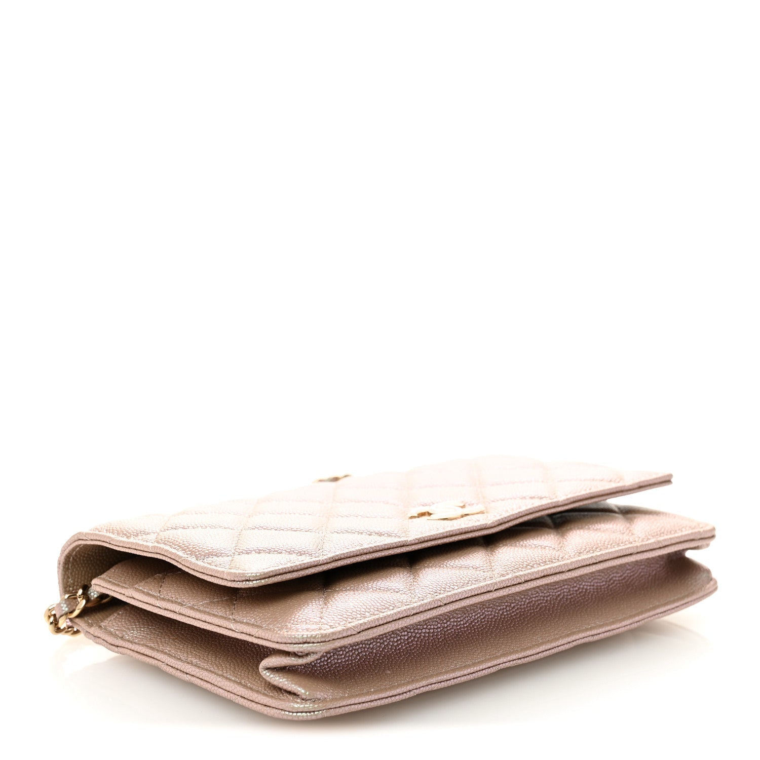 Iridescent Caviar Quilted Wallet on Chain WOC Beige