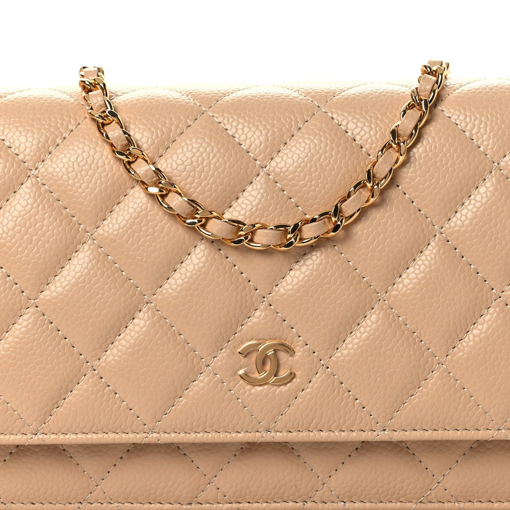Caviar Quilted Wallet on Chain WOC Beige