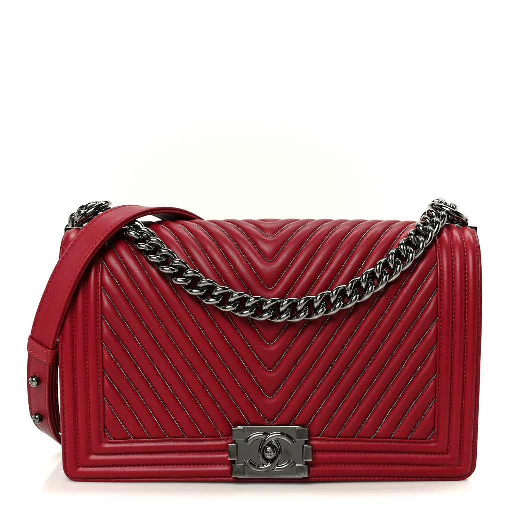 Calfskin Chevron Quilted Large Chain Boy Flap Red
