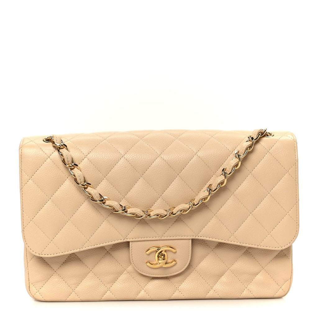 Caviar Quilted Jumbo Double Flap Beige