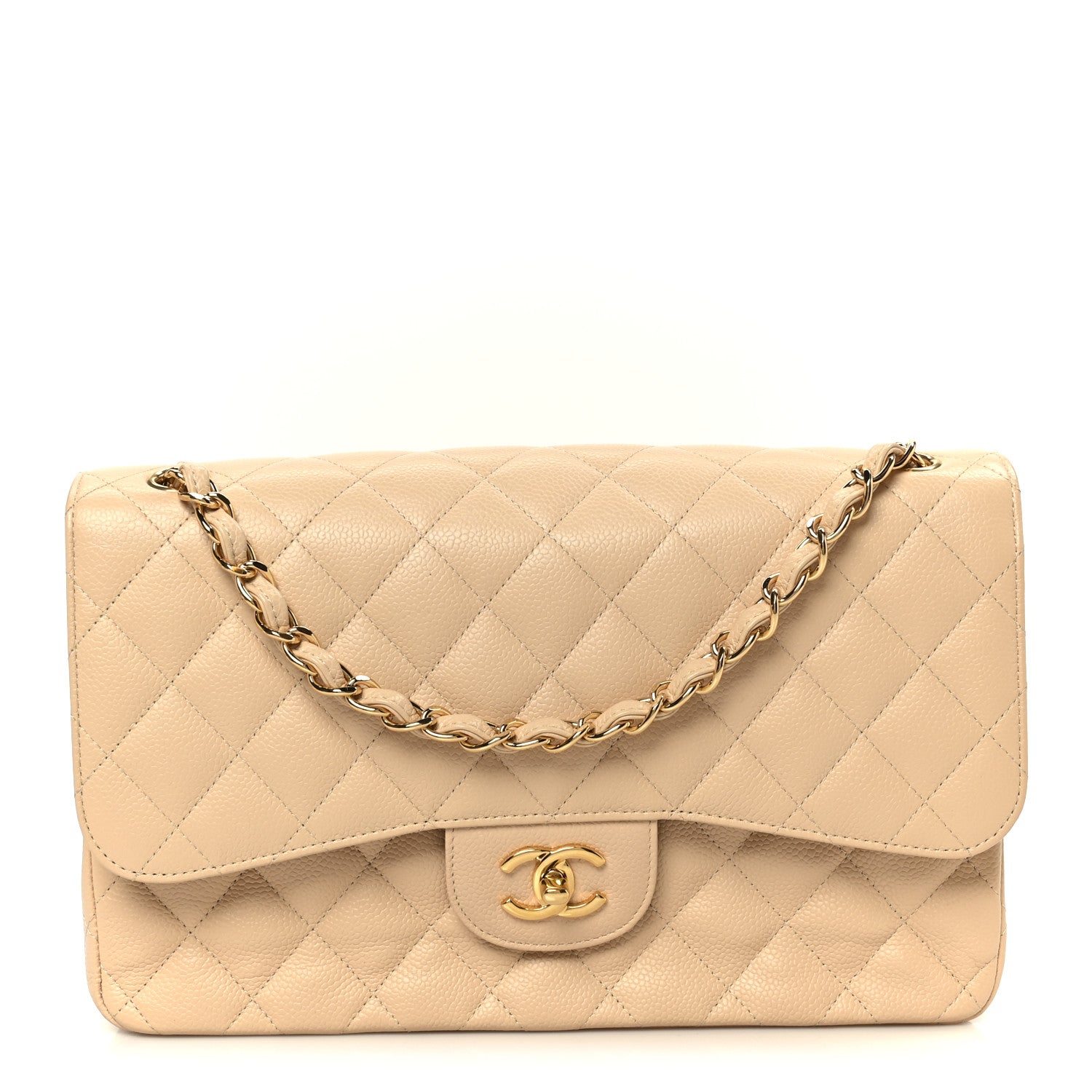 Caviar Quilted Jumbo Double Flap Beige