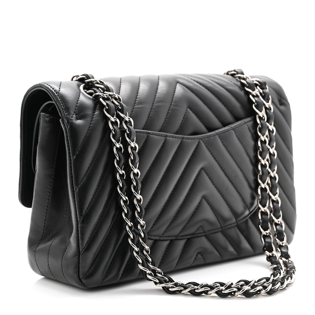 Lambskin Chevron Quilted Medium Double Flap Black