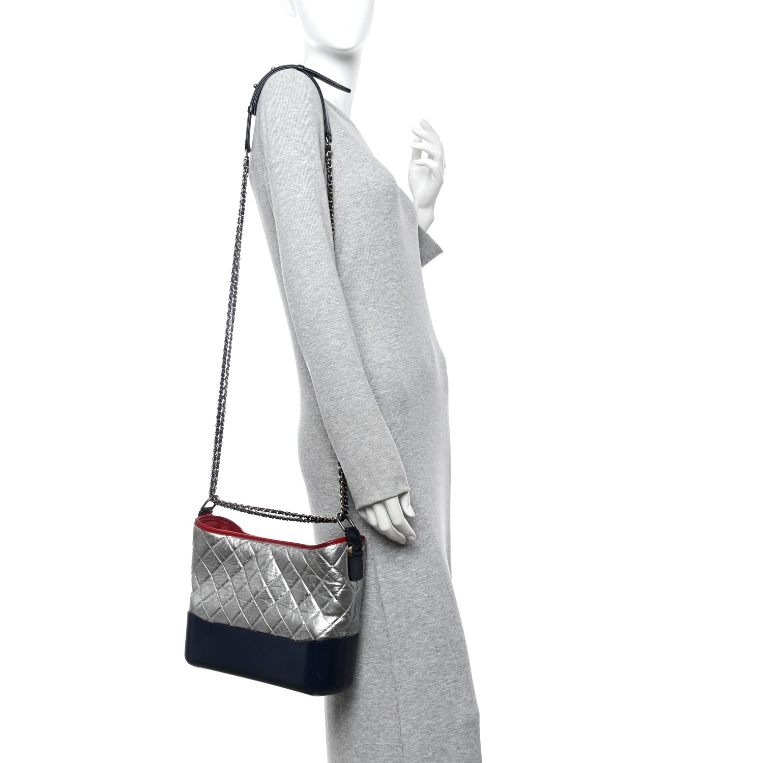 Metallic Aged Calfskin Quilted Medium Gabrielle Hobo Silver Navy Red