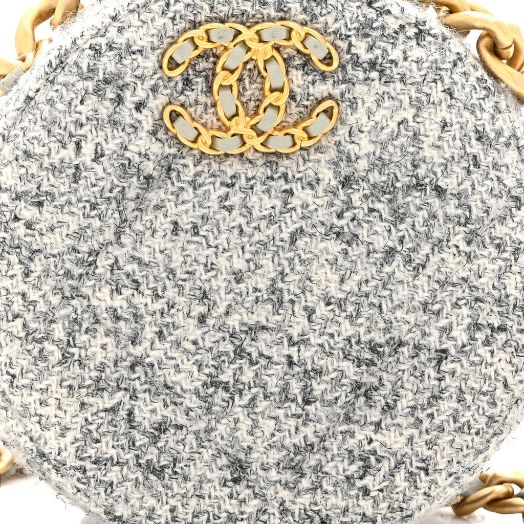 Wool Tweed Lambskin Quilted Chanel 19 Round Clutch With Chain Grey Ecru