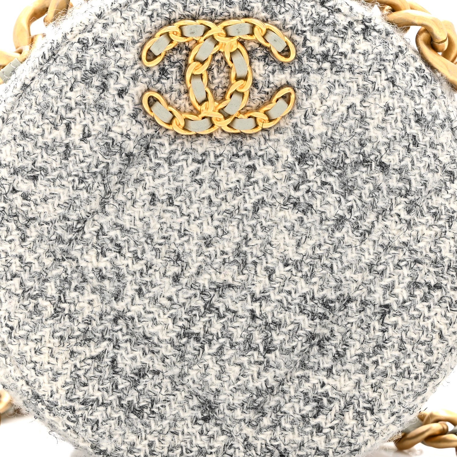 Wool Tweed Lambskin Quilted Chanel 19 Round Clutch With Chain Grey Ecru