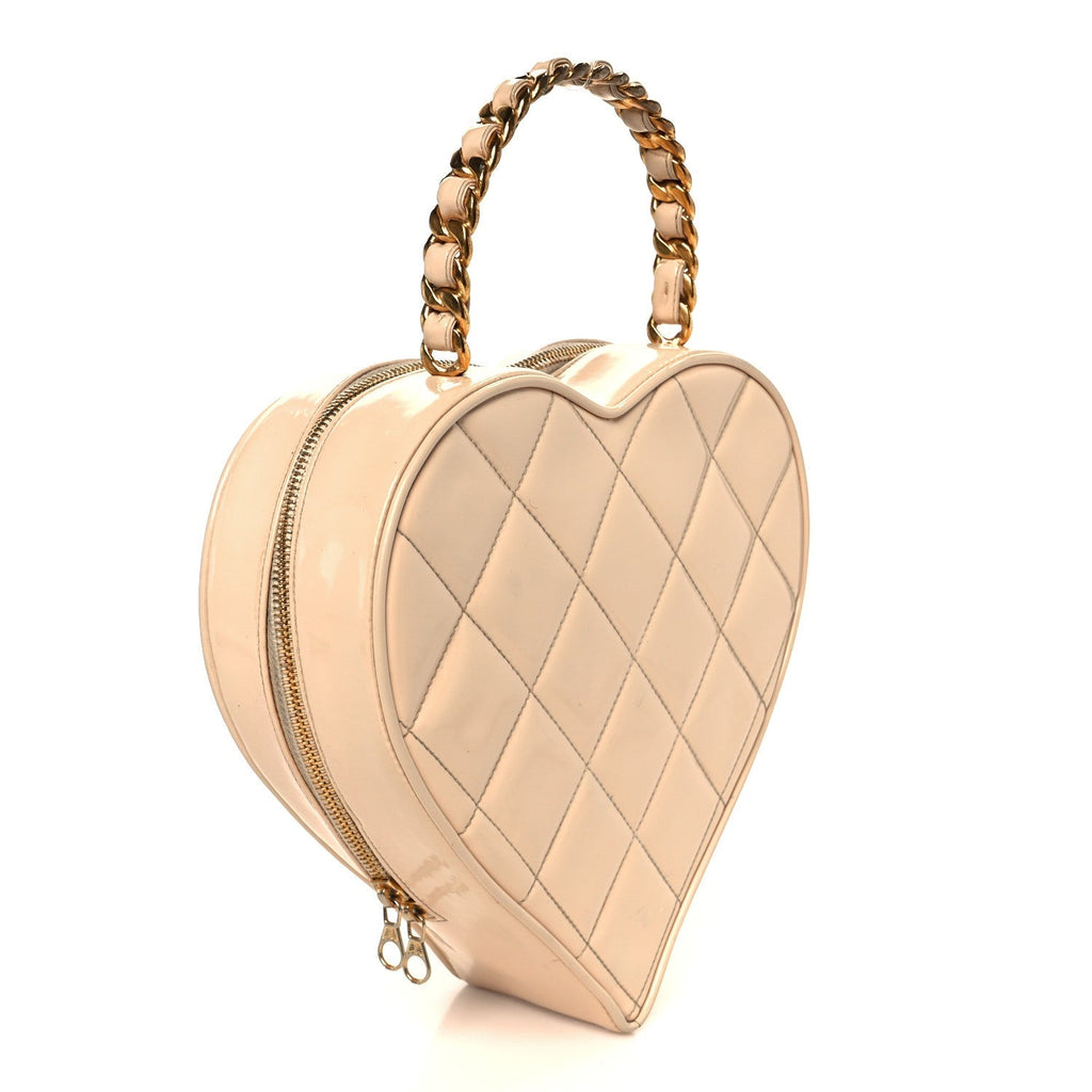 Patent Quilted CC Barbie Heart Vanity Case Beige