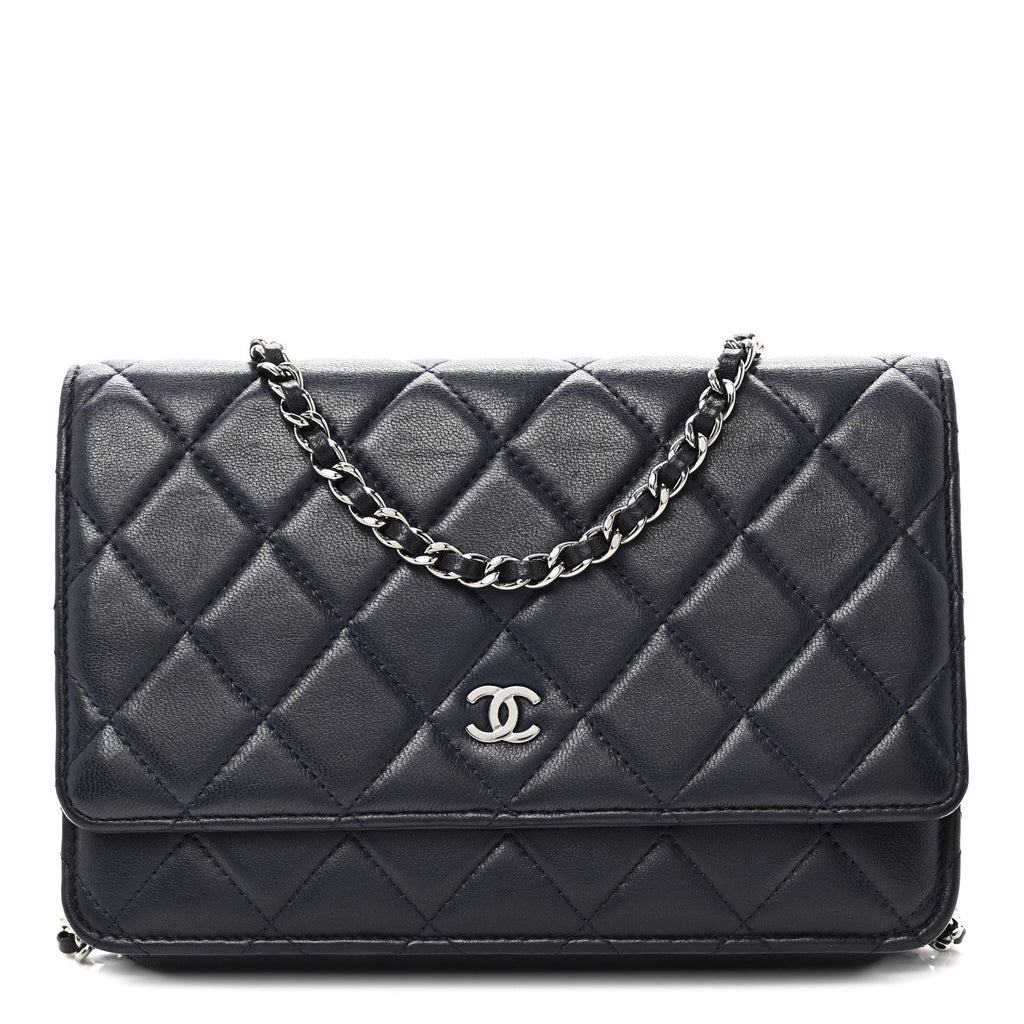 Lambskin Quilted Wallet On Chain WOC Navy Blue