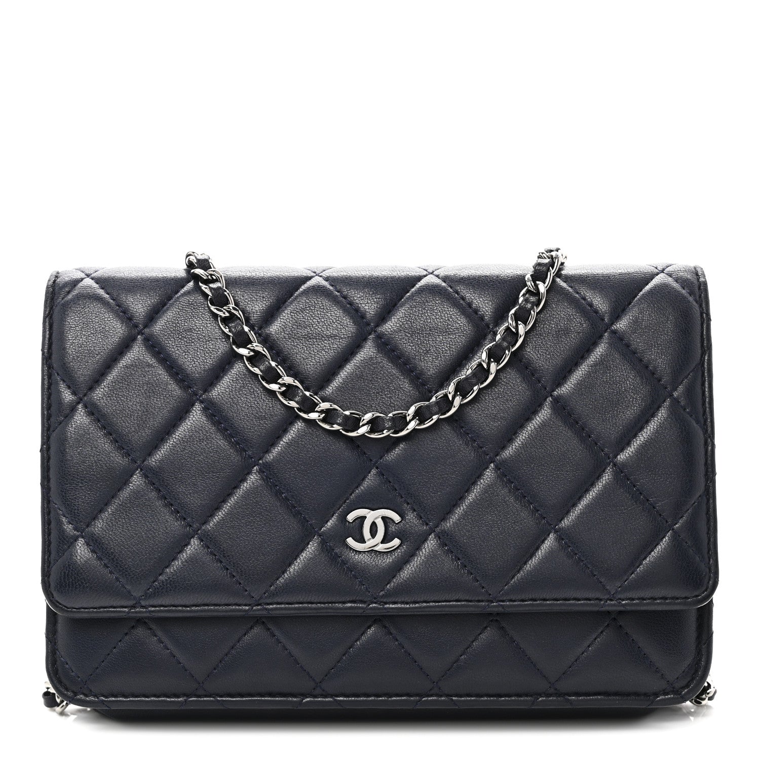 Lambskin Quilted Wallet On Chain WOC Navy Blue