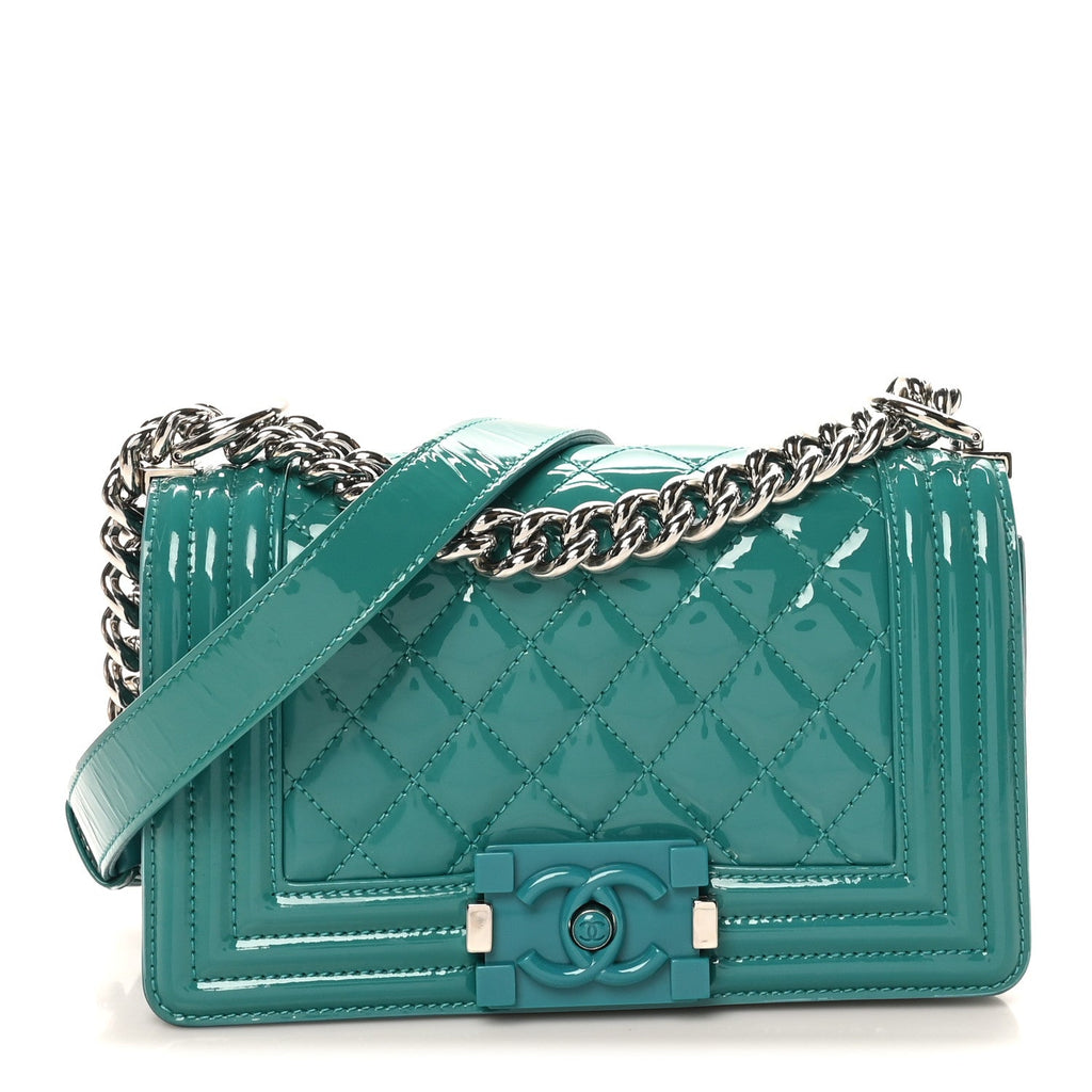Patent Calfskin Quilted Small Plexiglass Boy Flap Green