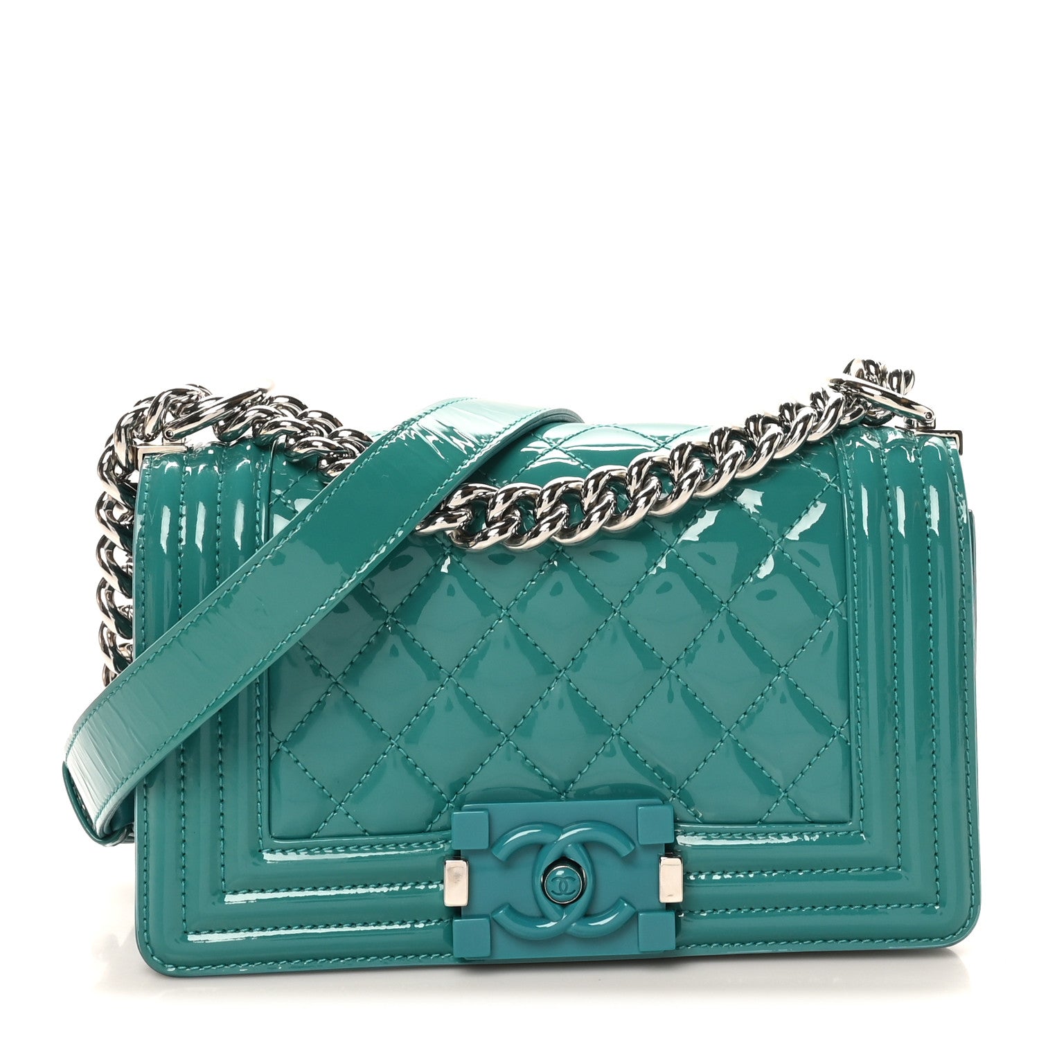 Patent Calfskin Quilted Small Plexiglass Boy Flap Green