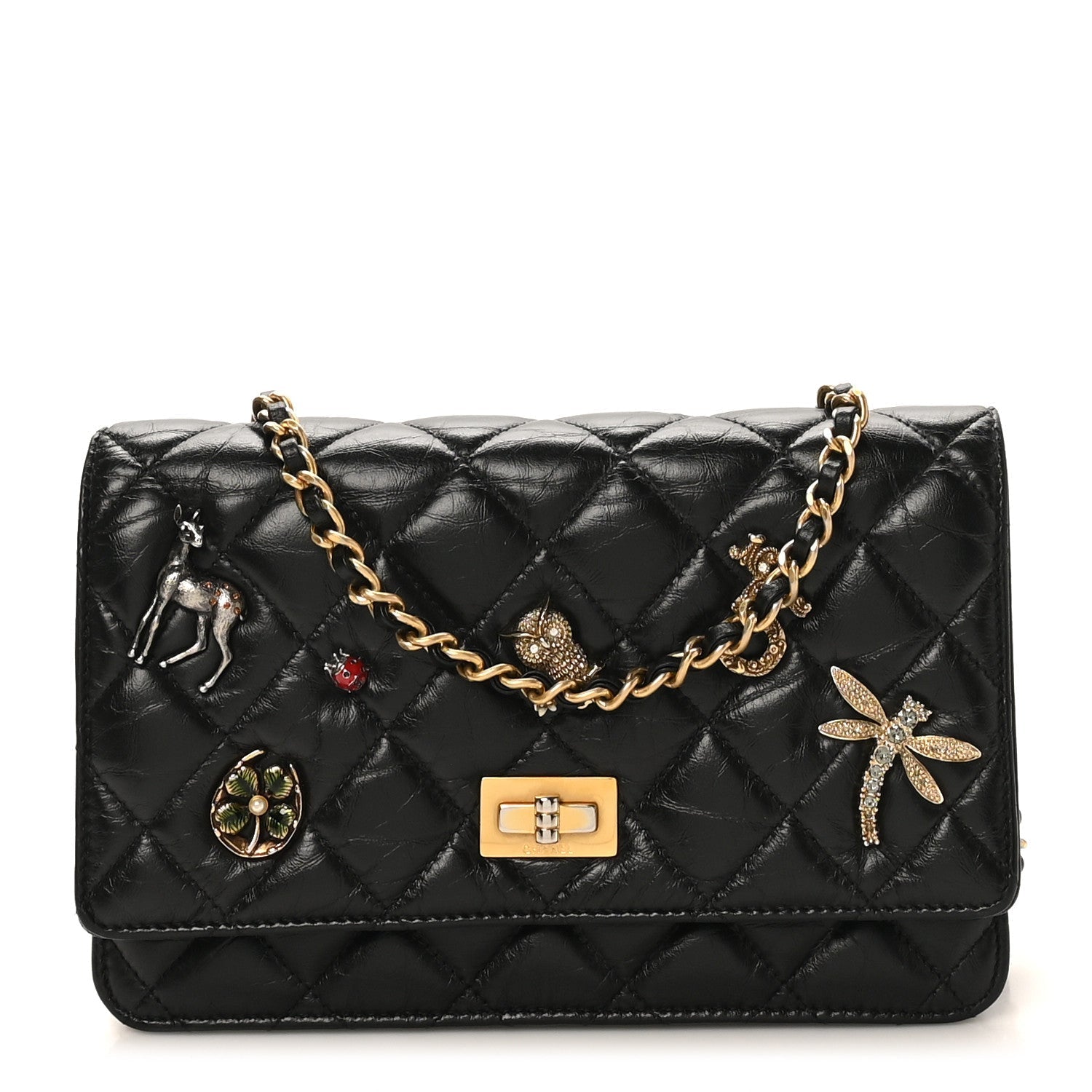 Aged Calfskin Lucky Charms 2.55 Reissue Wallet on Chain WOC Black