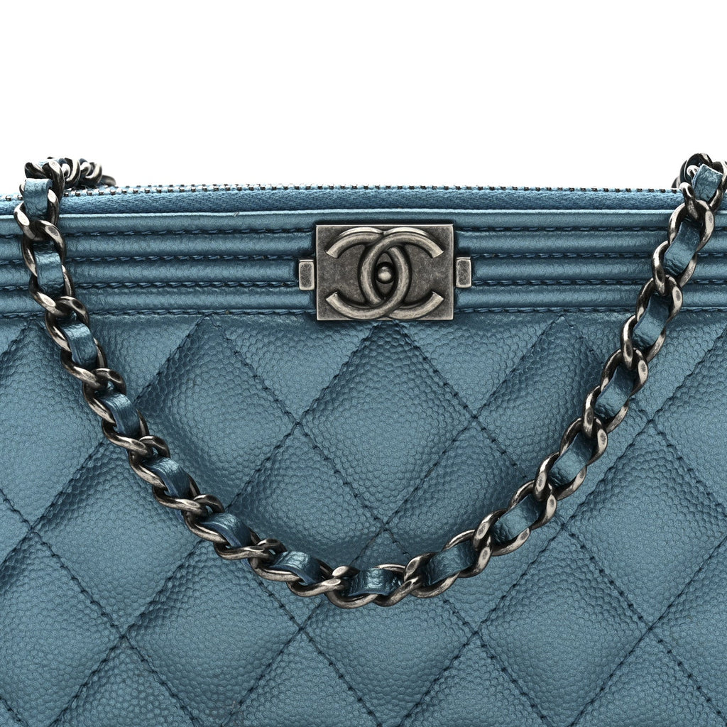 Metallic Caviar Quilted Small Boy Clutch With Chain Turquoise