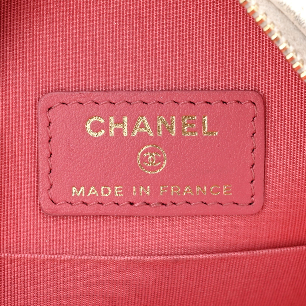 Shiny Goatskin Quilted Chanel 19 Round Clutch With Chain White