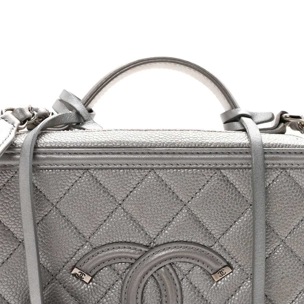 Metallic Caviar Quilted Medium CC Filigree Vanity Case Silver