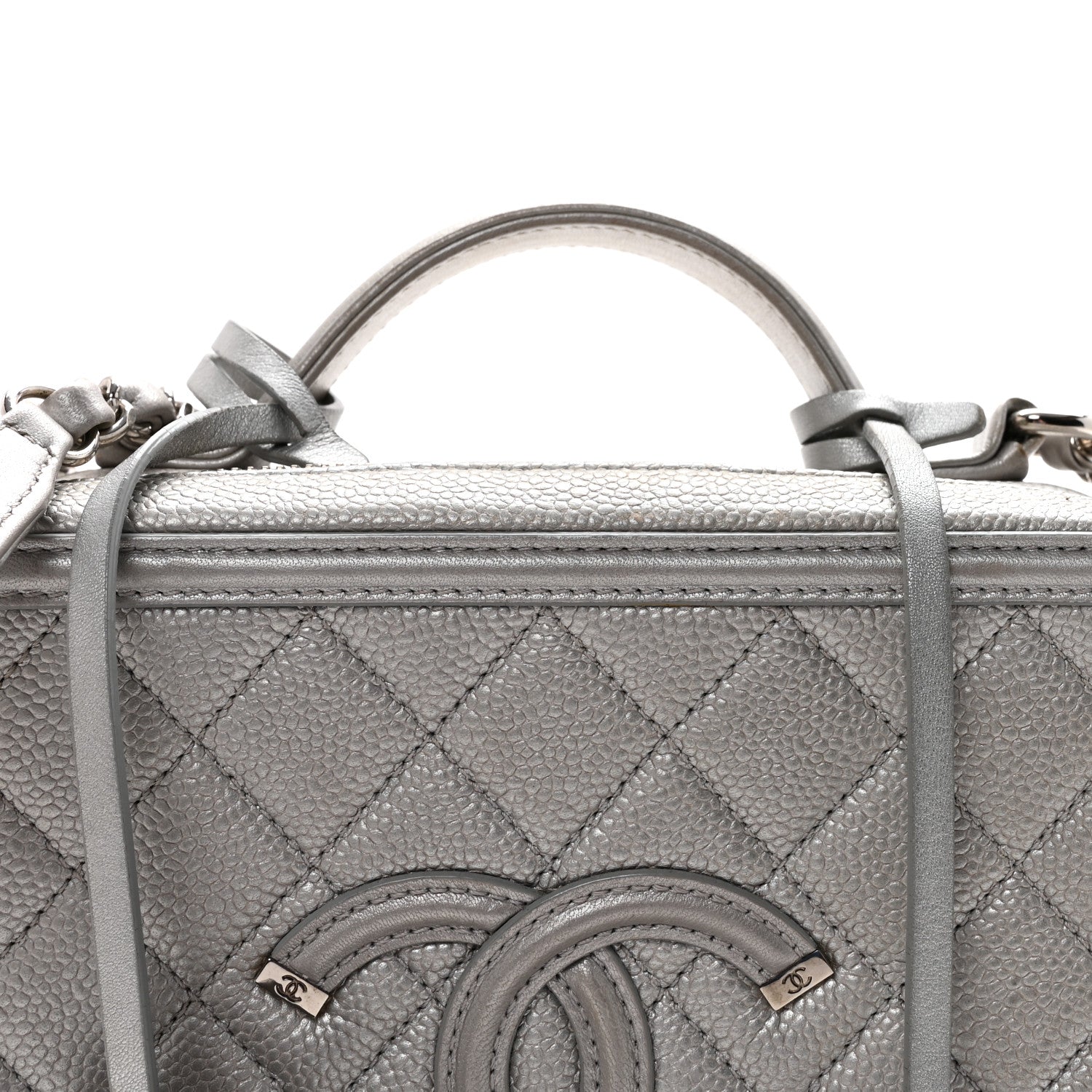 Metallic Caviar Quilted Medium CC Filigree Vanity Case Silver