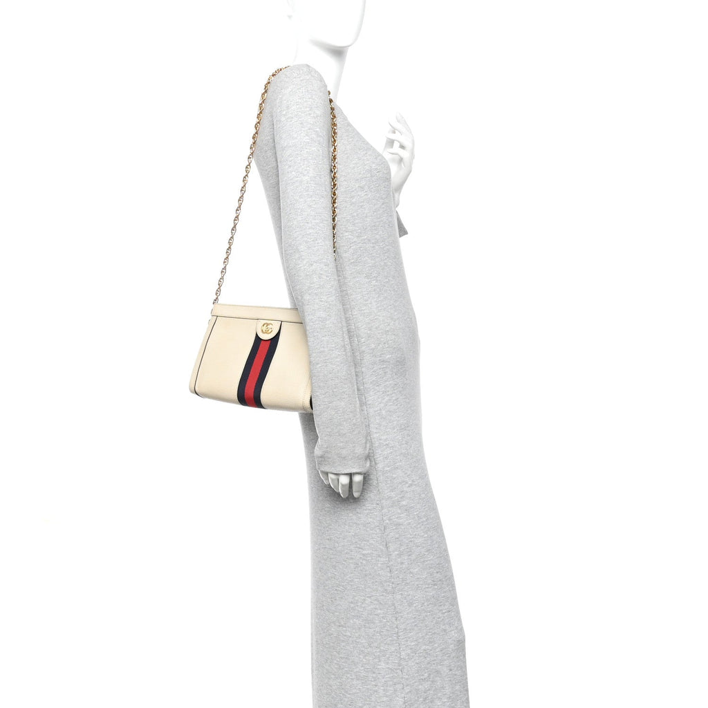 Textured Calfskin Web Small Ophidia Chain Shoulder Bag Mystic White