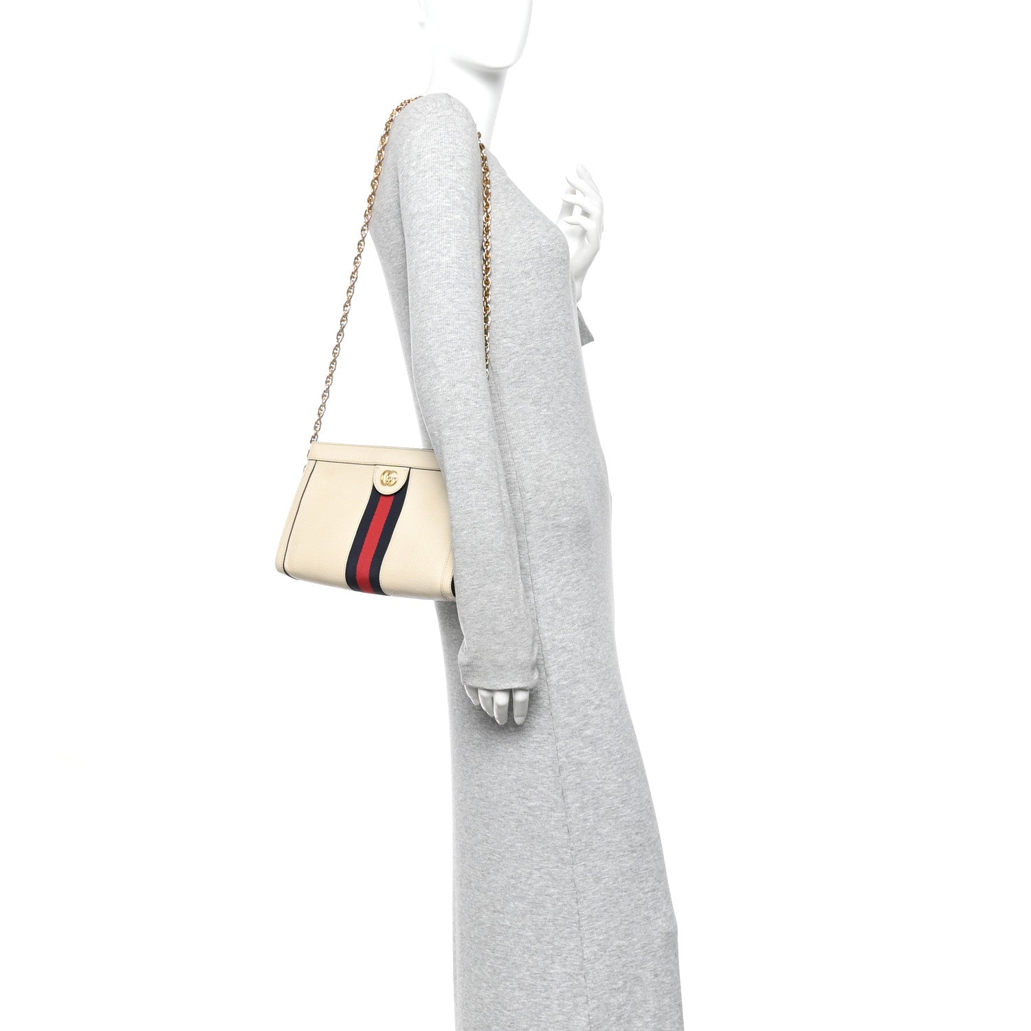 Textured Calfskin Web Small Ophidia Chain Shoulder Bag Mystic White