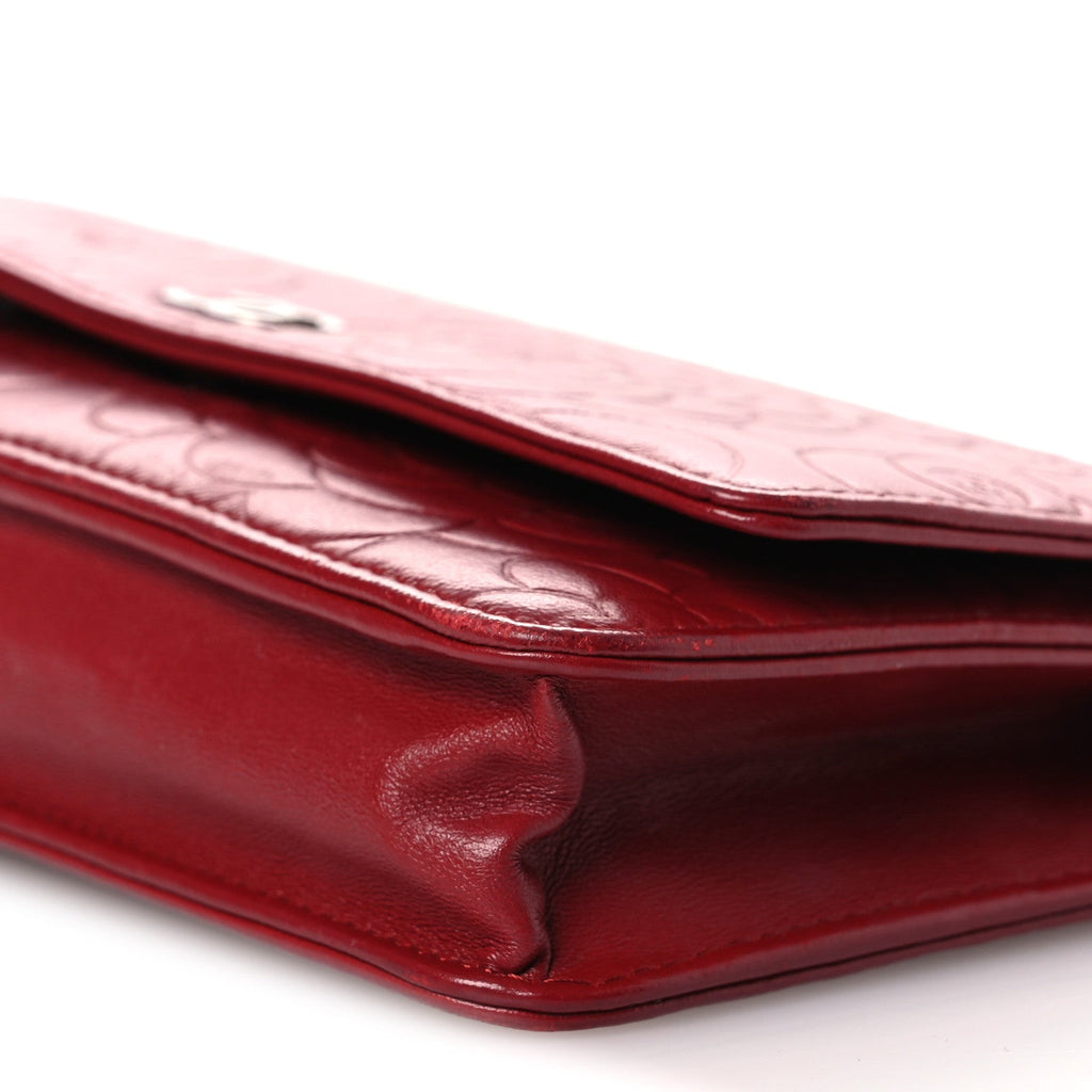 Lambskin Camellia Embossed Wallet on Chain WOC Red