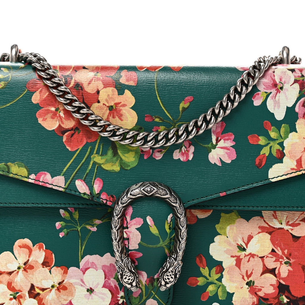 Calfskin Blooms Print Medium Dionysus Shoulder Bag Bright Emerald Multicolor