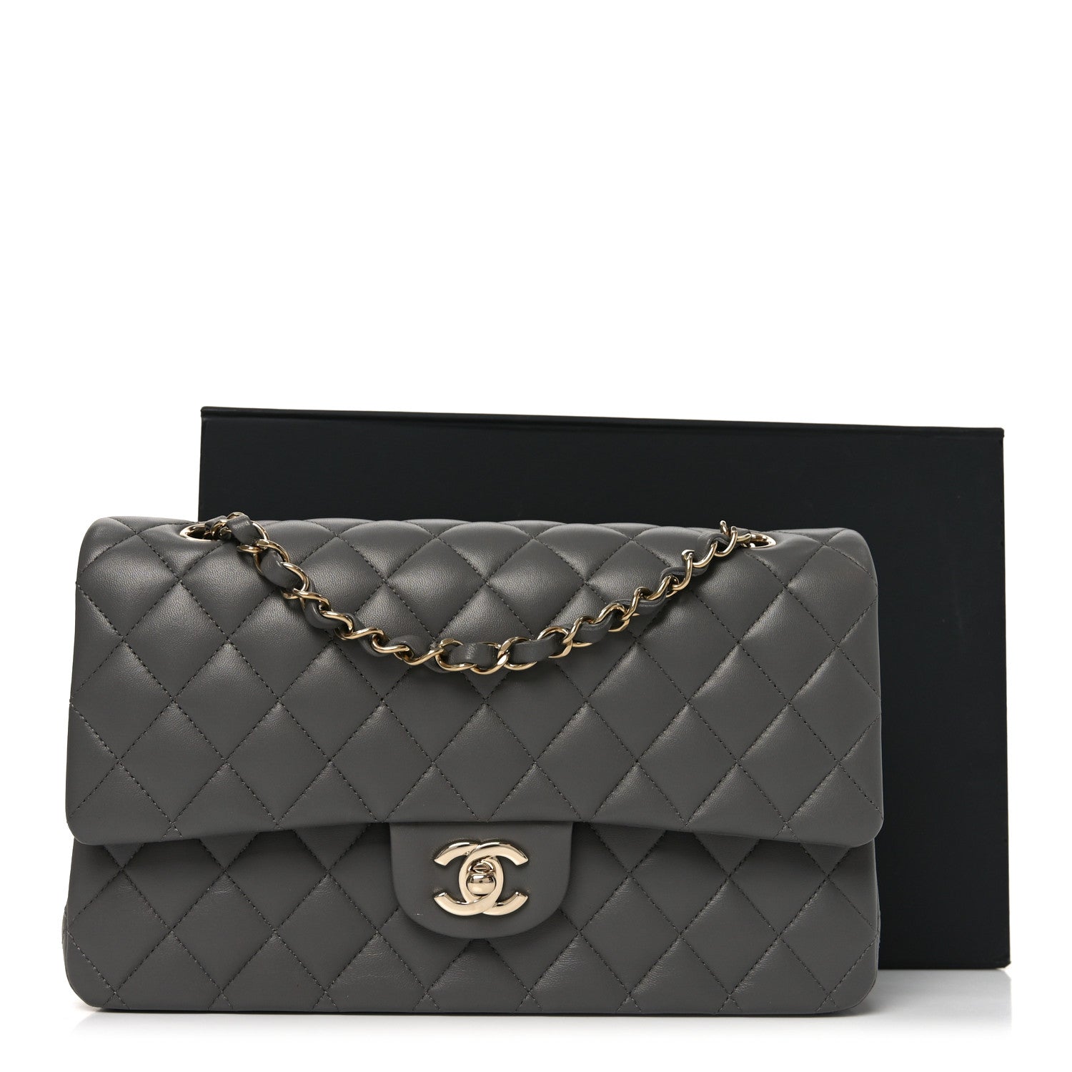 Lambskin Quilted Medium Double Flap Grey