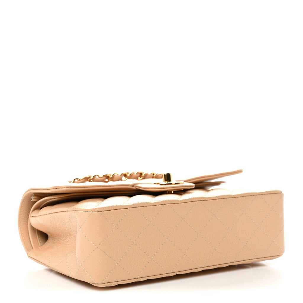 Caviar Quilted Small Double Flap Beige