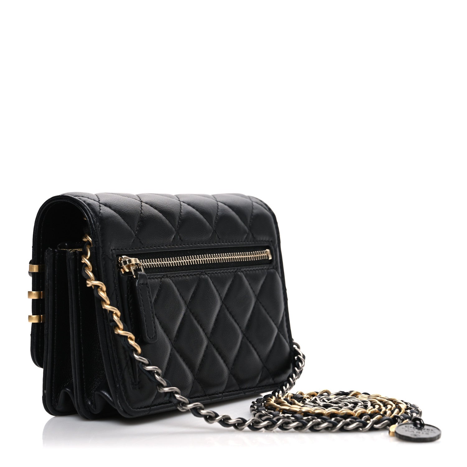 Lambskin Quilted Coco Clips Mini Wallet On Chain WOC Black