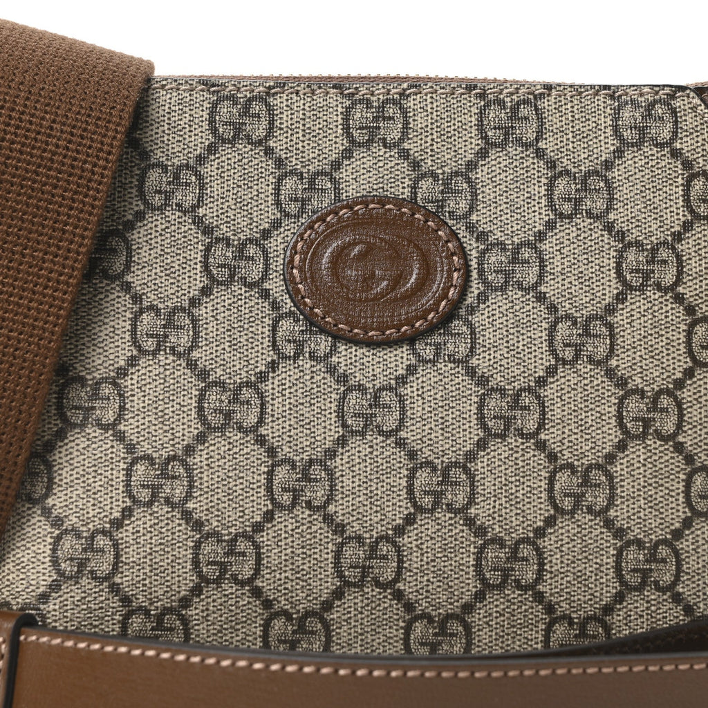 GG Supreme Monogram Azalea Calfskin Small Retro Interlocking G Wristlet Messenger Bag Beige Ebony Brown Sugar