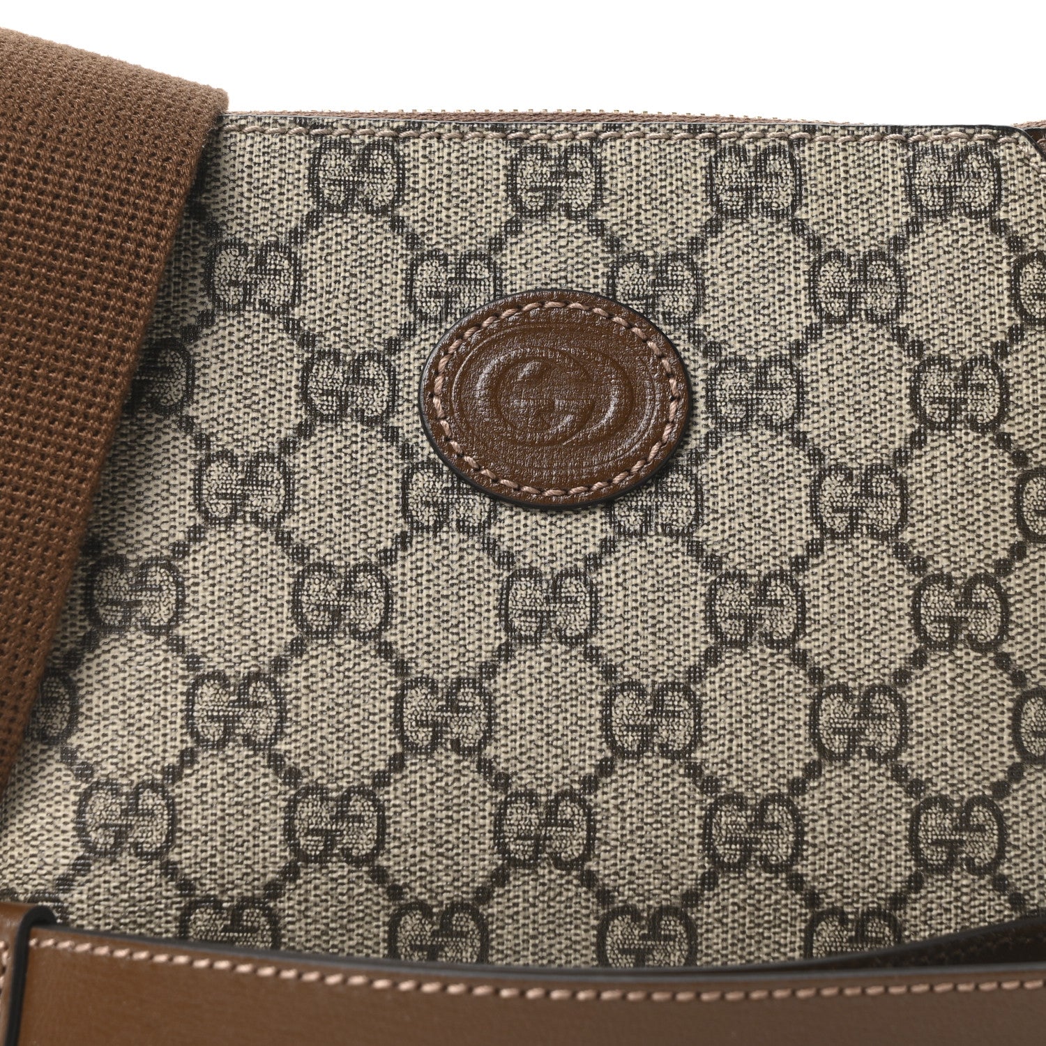 GG Supreme Monogram Azalea Calfskin Small Retro Interlocking G Wristlet Messenger Bag Beige Ebony Brown Sugar