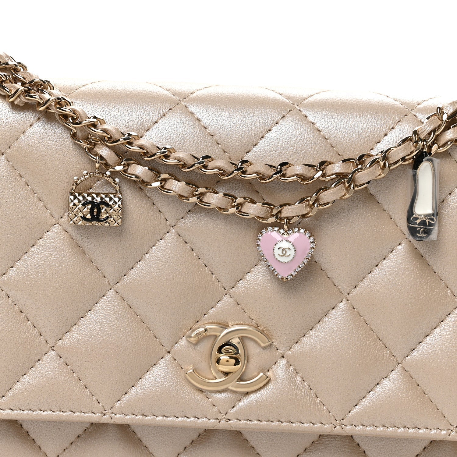 Pearly Lambskin Quilted Charms Wallet On Chain WOC Beige