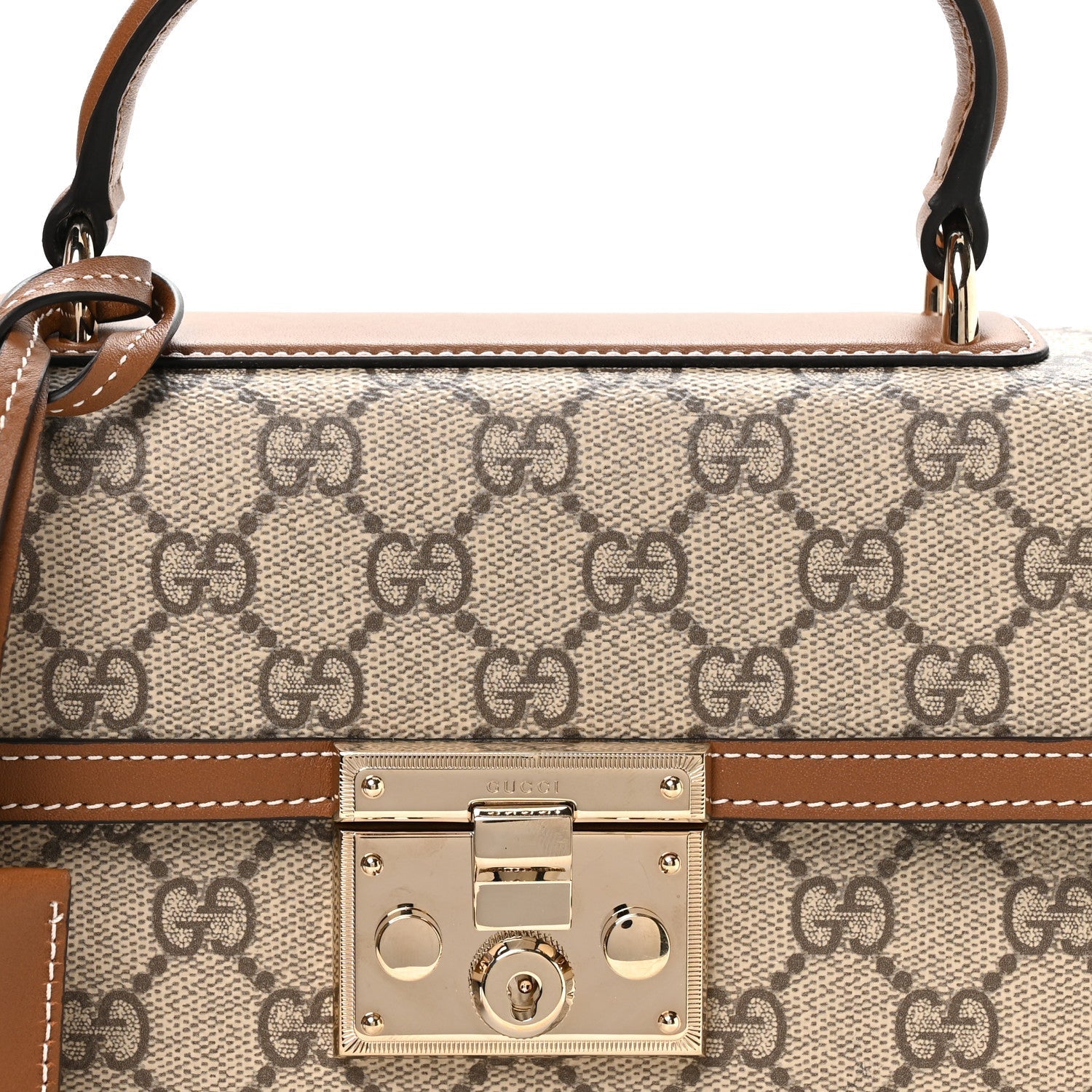 GG Supreme Monogram Small Padlock Top Handle Shoulder Bag Beige Ebony Dark Brown