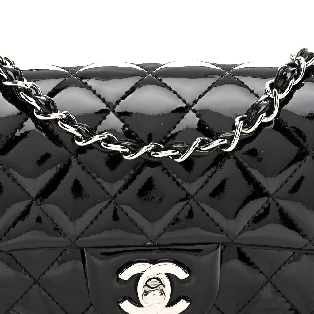 Patent Calfskin Quilted Mini Rectangular Flap Black
