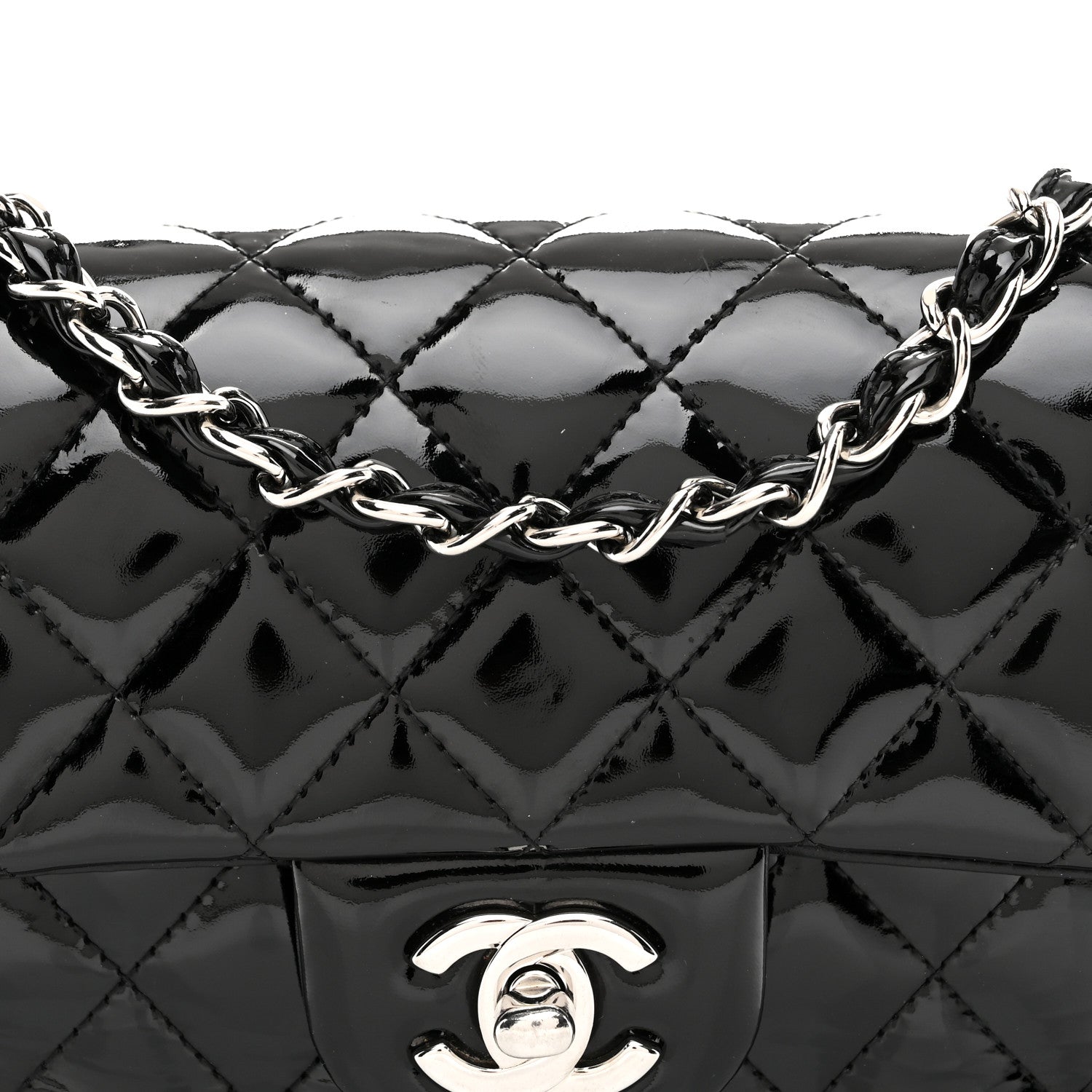 Patent Calfskin Quilted Mini Rectangular Flap Black